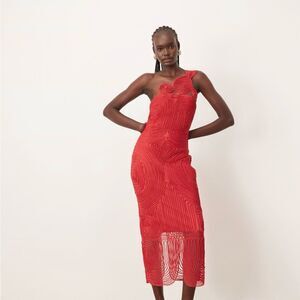 ARRANGE Embroidered Cornelli One Shoulder Red Midi Dress